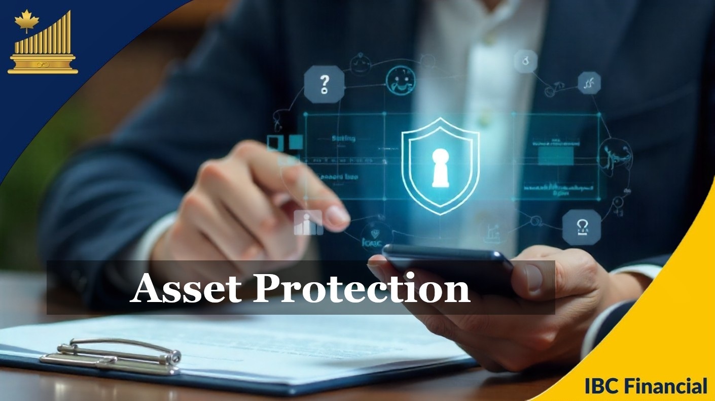 A hand touching a lit shield symbol above a desk, with the caption Asset Protection