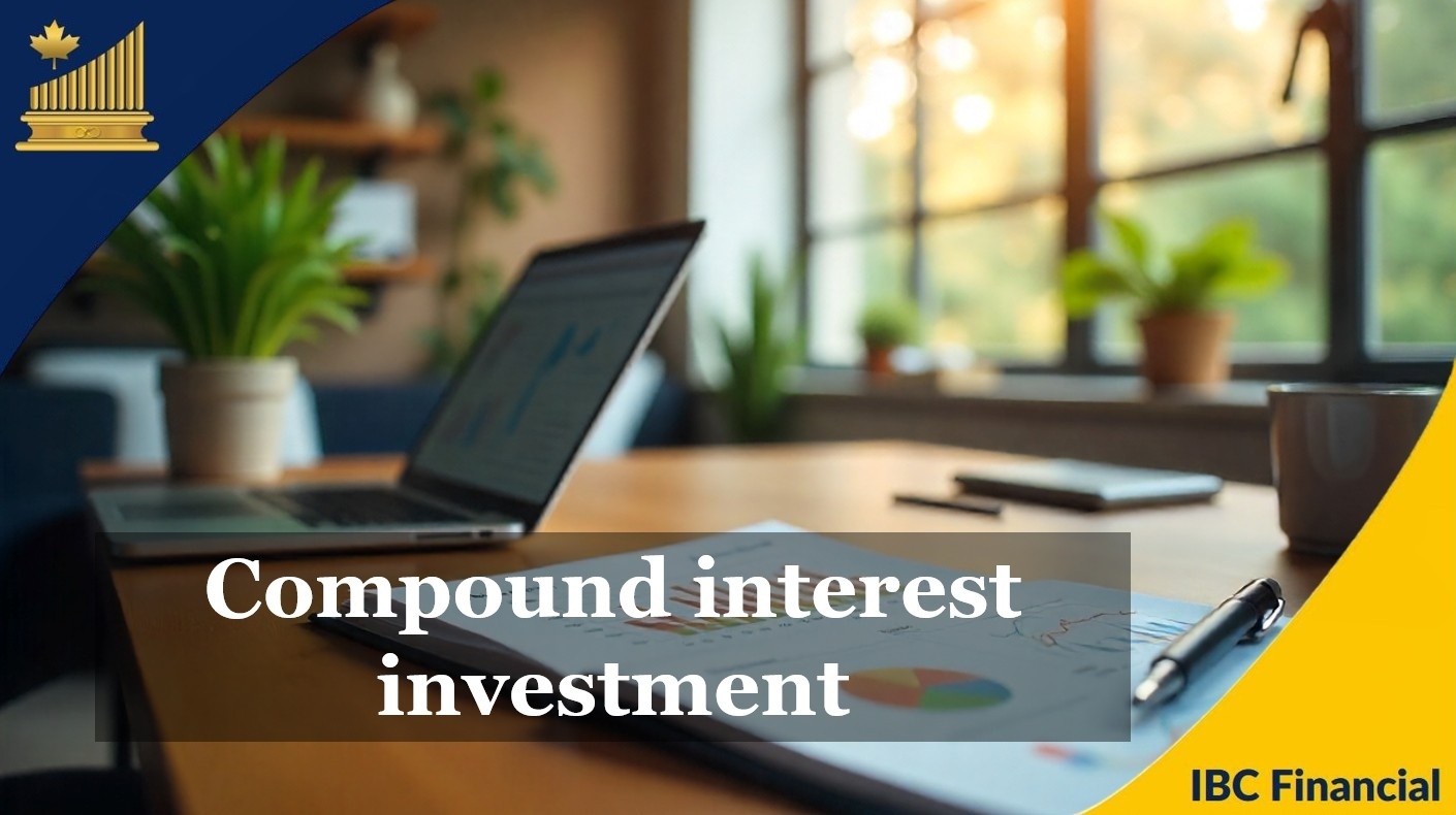 A laptop on a desk by a window, with the caption Compound interest investment