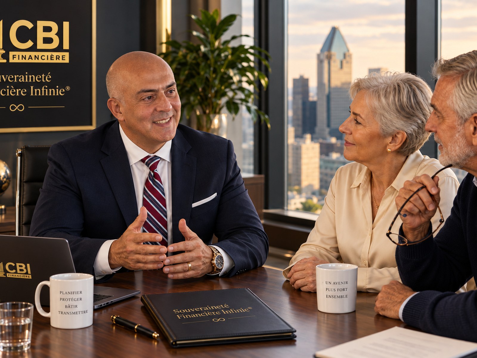 José Salloum en rencontre avec un couple canadien au sujet de l'Infinite Banking, dans un bureau à Montréal