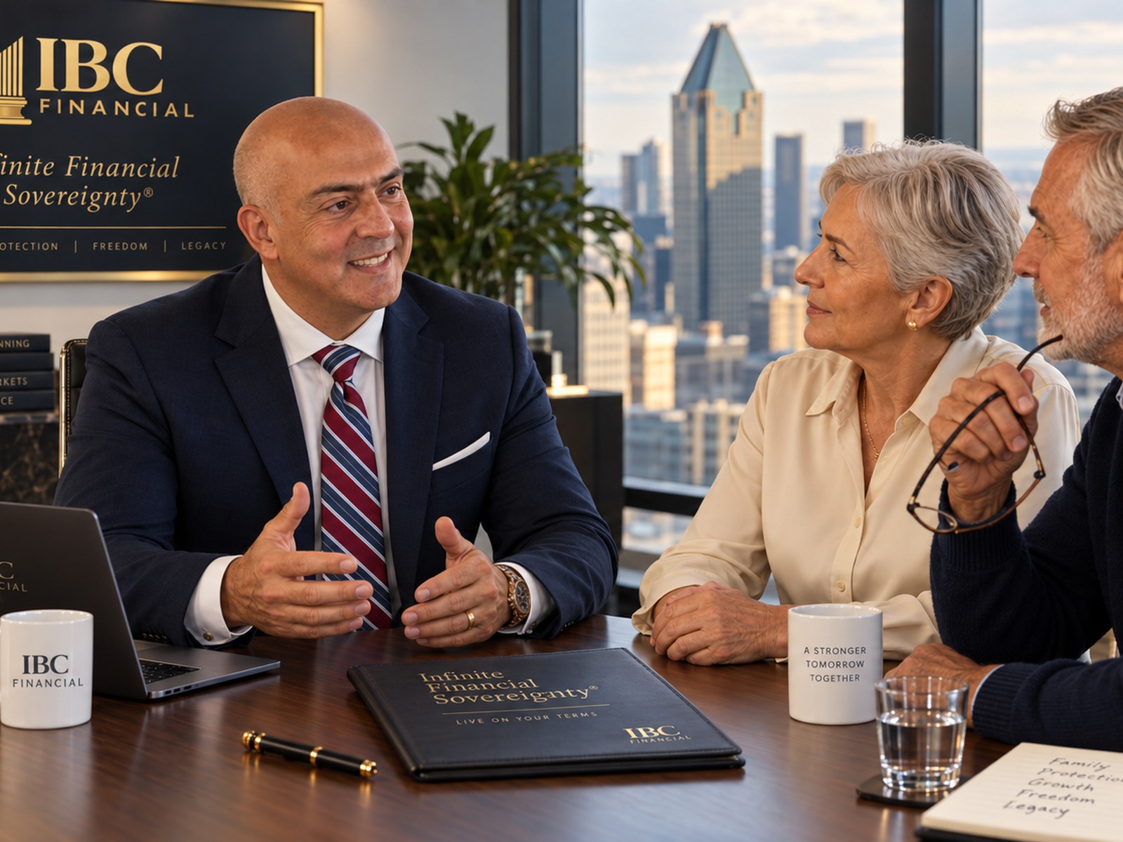 Jose Salloum meeting with a Canadian couple about Infinite Banking in a Montreal boardroom