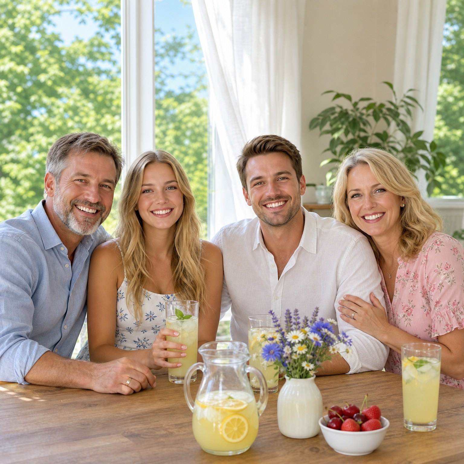 A Canadian family of four sitting together at a kitchen table on a summer afternoon, lemonade and fruit between them