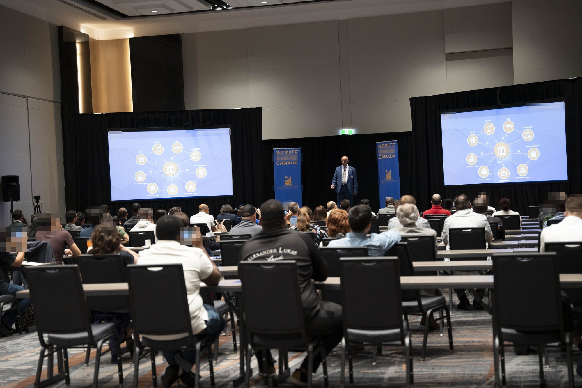 Wide view of a seminar room in Laval, June 2023, with Jose Salloum presenting from the stage